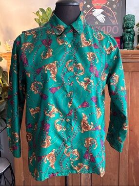 Vintage Emerald Green Blouse with Gold and Purple Scroll Print